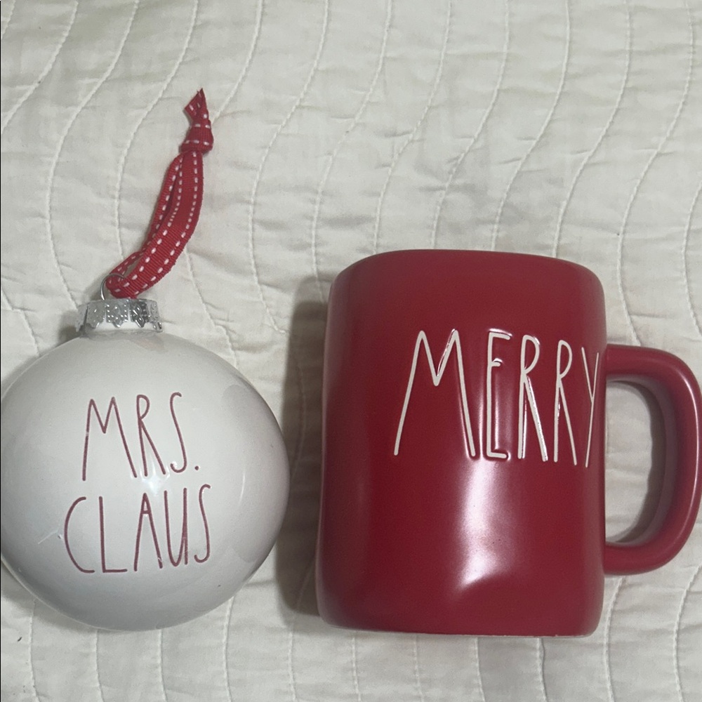 Rae Dunn Red Mug and White Ornament Set